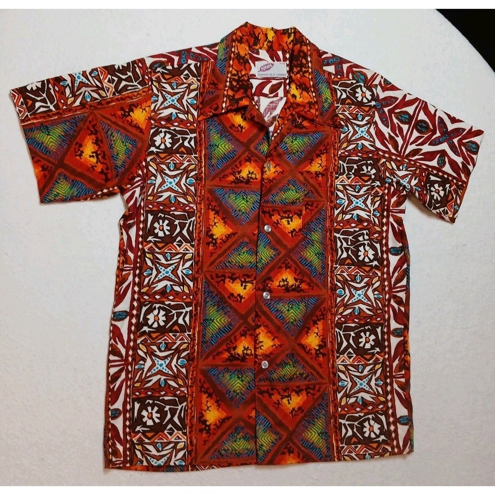 Vtg 60s Pomare Honolulu Hawaiian Shirt M Barkcloth Tiki Tribal Sunburst Panel